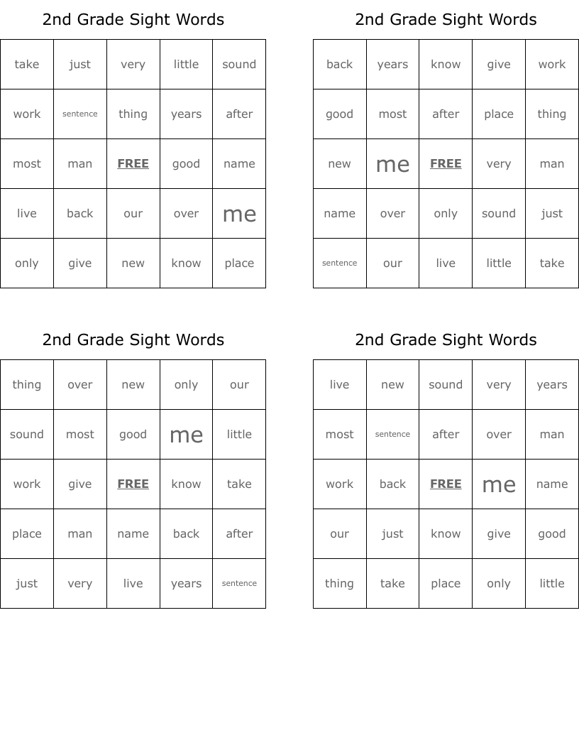 2nd Grade Sight Words Bingo Cards