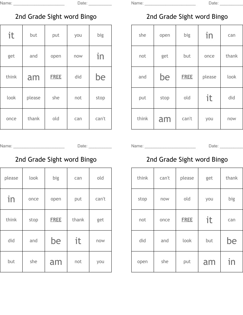 2nd Grade Sight word Bingo