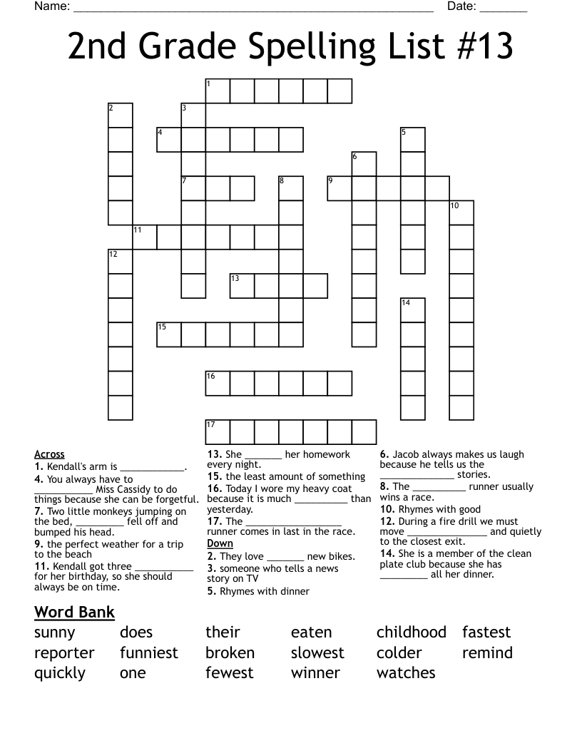 2nd Grade Spelling List #13 Crossword