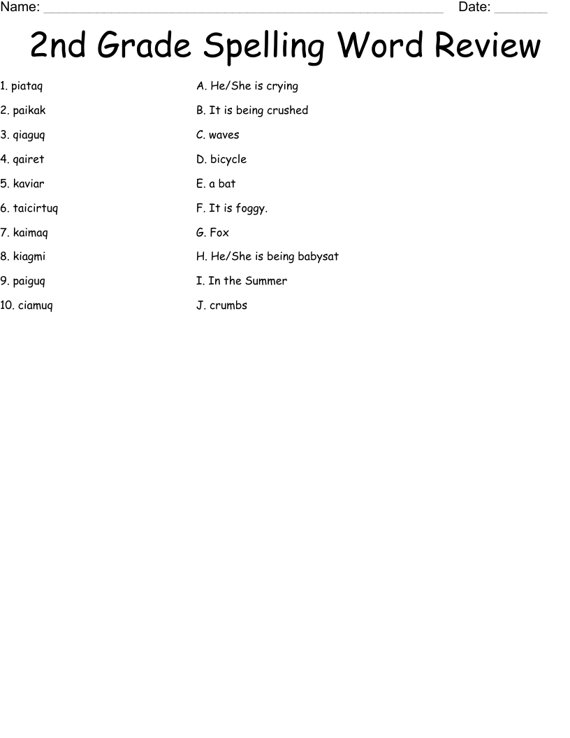 2nd Grade Spelling Word Review Worksheet