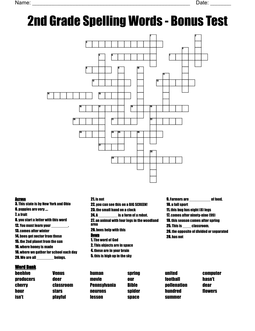 2nd Grade Spelling Words - Bonus Test  Crossword