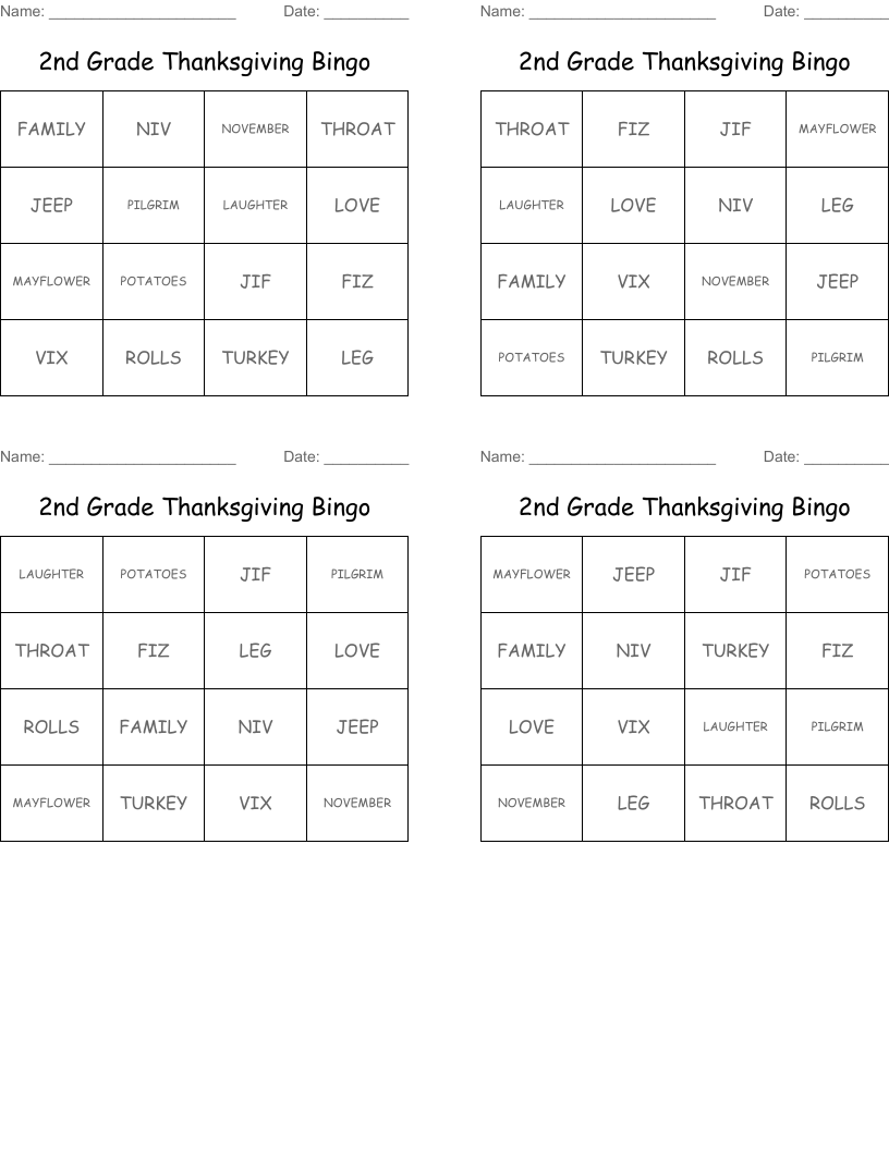 2nd Grade Thanksgiving Bingo
