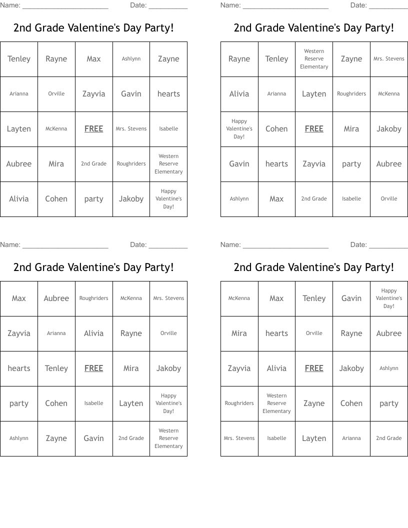 2nd Grade Valentine's Day Party! Bingo Cards
