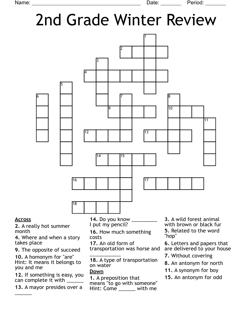 2nd Grade Winter Review Crossword
