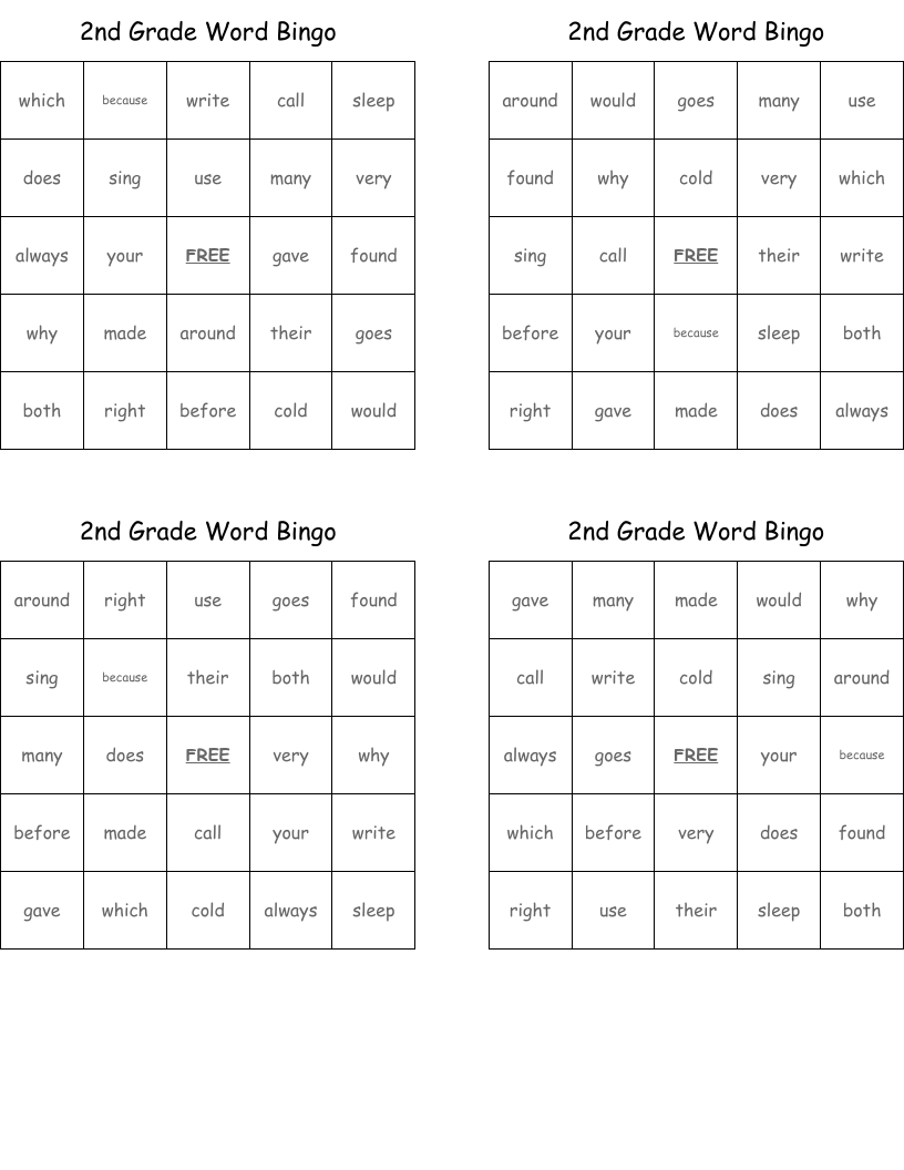 2nd Grade Word Bingo 