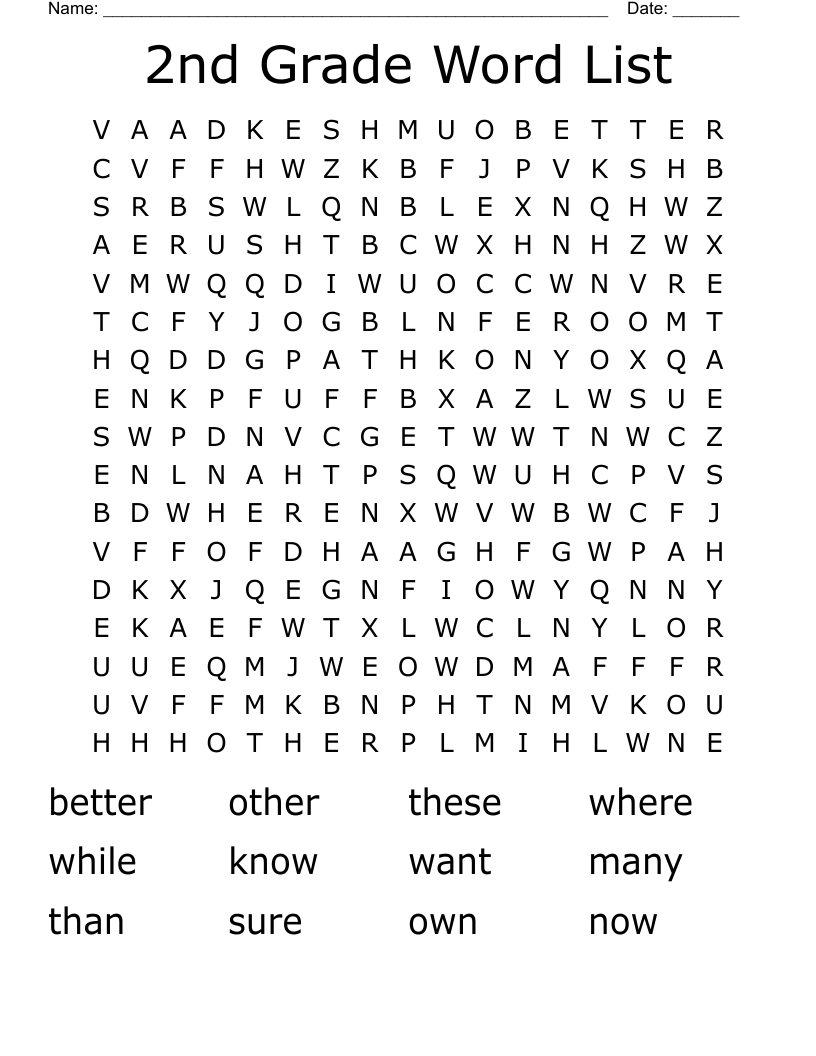 2nd Grade Word List Word Search