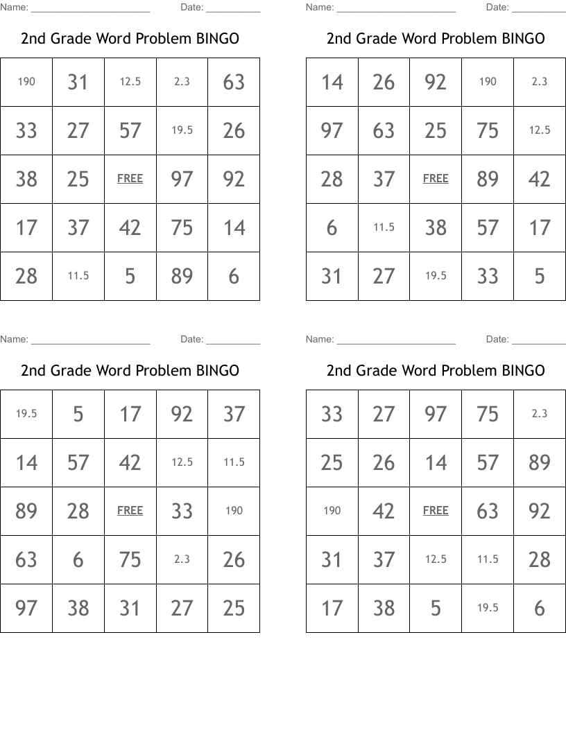 2nd Grade Word Problem BINGO