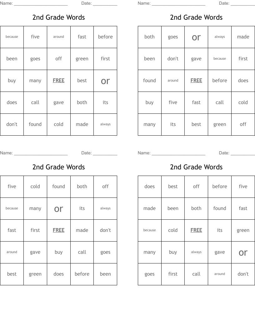 2nd Grade Words  Bingo Cards