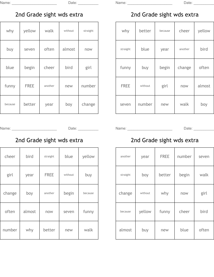 2nd Grade sight wds extra Bingo Cards