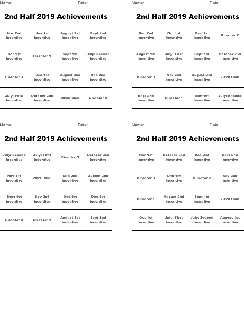 2nd Half 2019 Achievements Bingo Cards