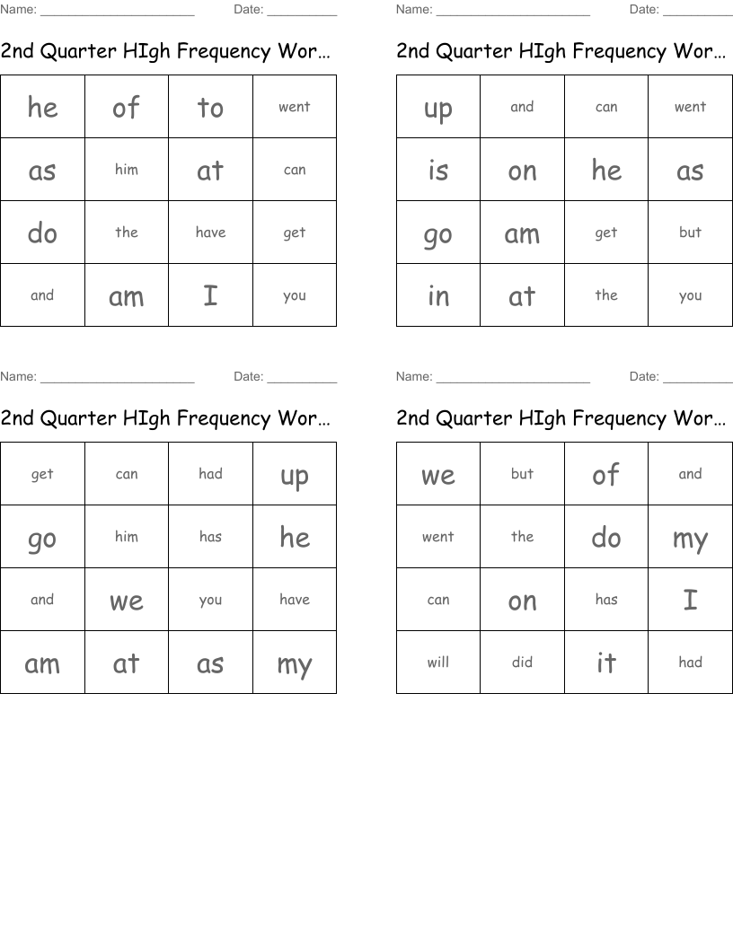 2nd Quarter HIgh Frequency Words Bingo Cards