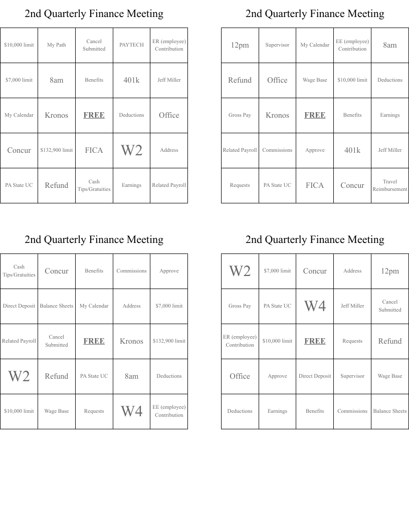 2nd Quarterly Finance Meeting Bingo Cards