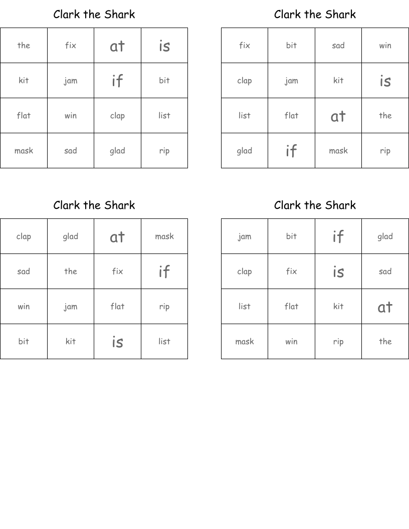 Clark the Shark Bingo Cards