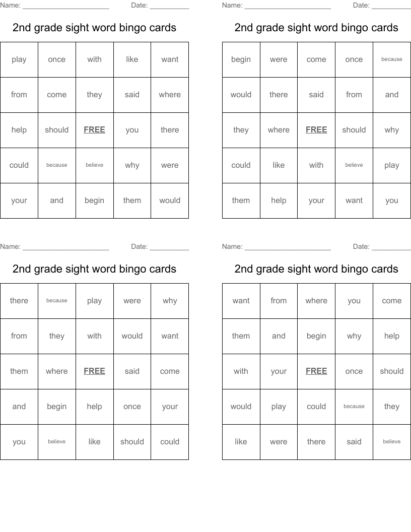 2nd grade sight word bingo cards