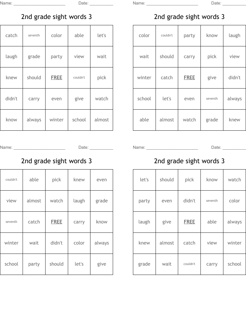 2nd grade sight words 3 Bingo Cards