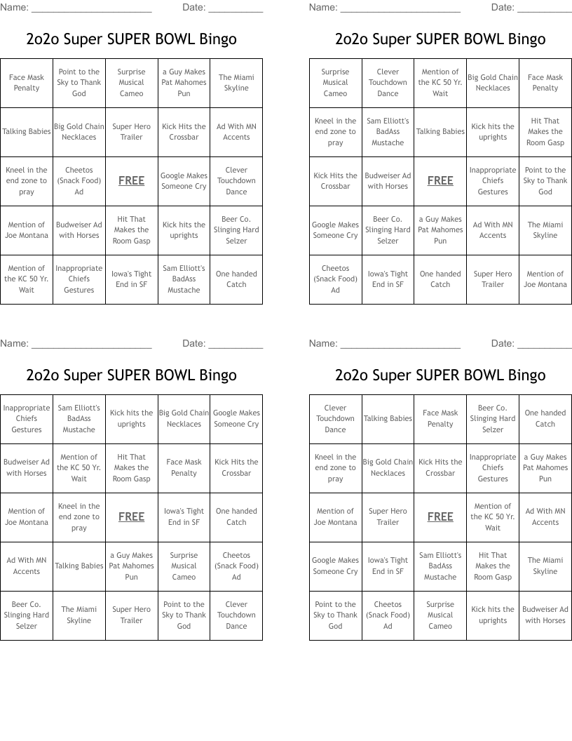 2o2o Super SUPER BOWL Bingo