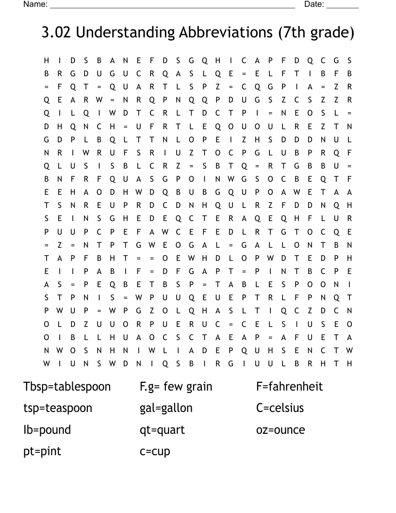 3.02 Understanding Abbreviations (7th grade) Word Search
