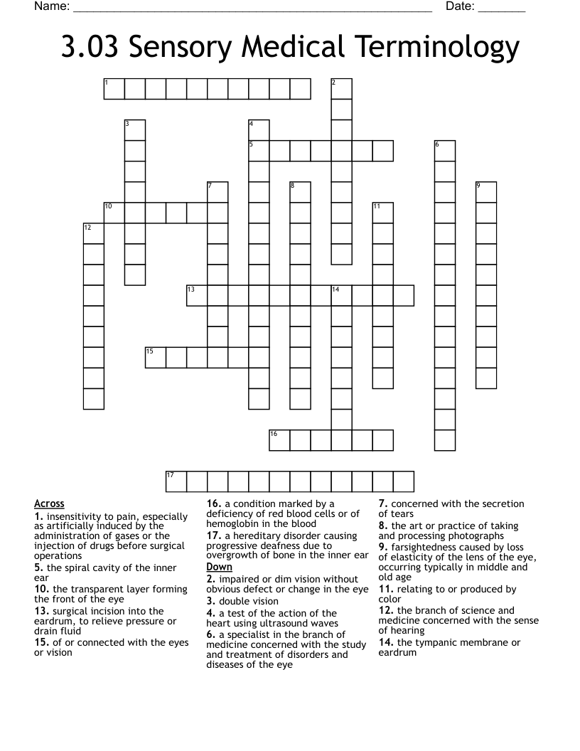3.03 Sensory Medical Terminology Crossword