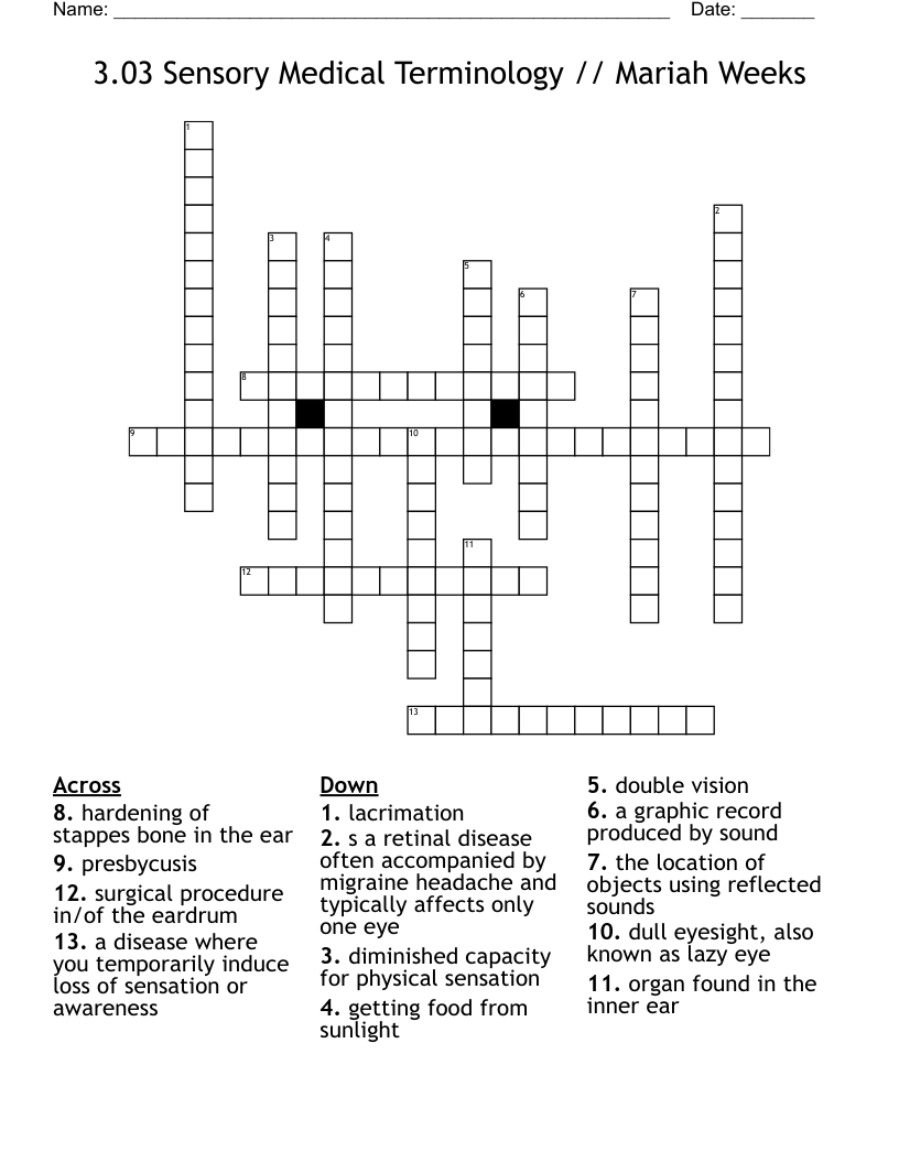 3.03 Sensory Medical Terminology // Mariah Weeks Crossword