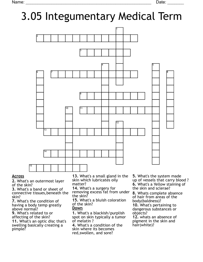 3.05 Integumentary Medical Term Crossword