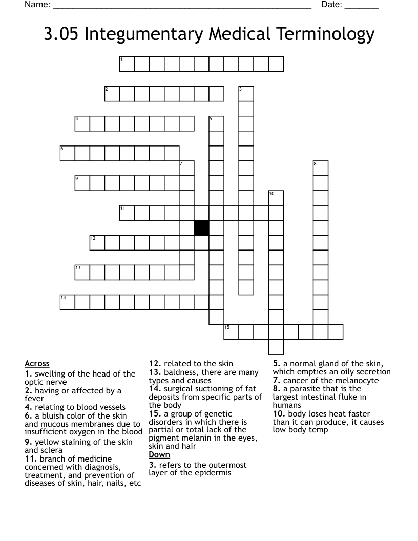 3.05 Integumentary Medical Terminology Crossword