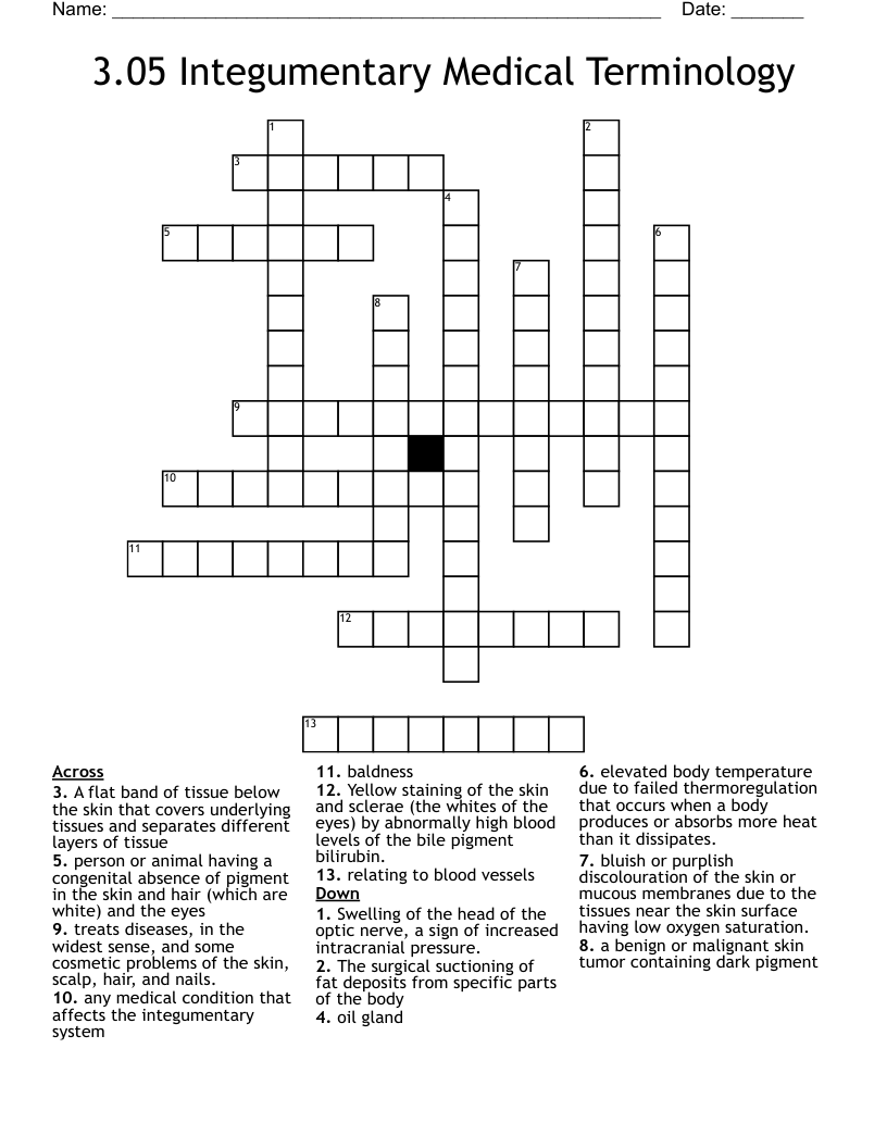 3.05 Integumentary Medical Terminology Crossword