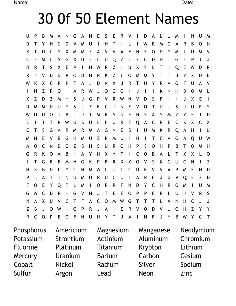 30 0f 50 Element Names Word Search