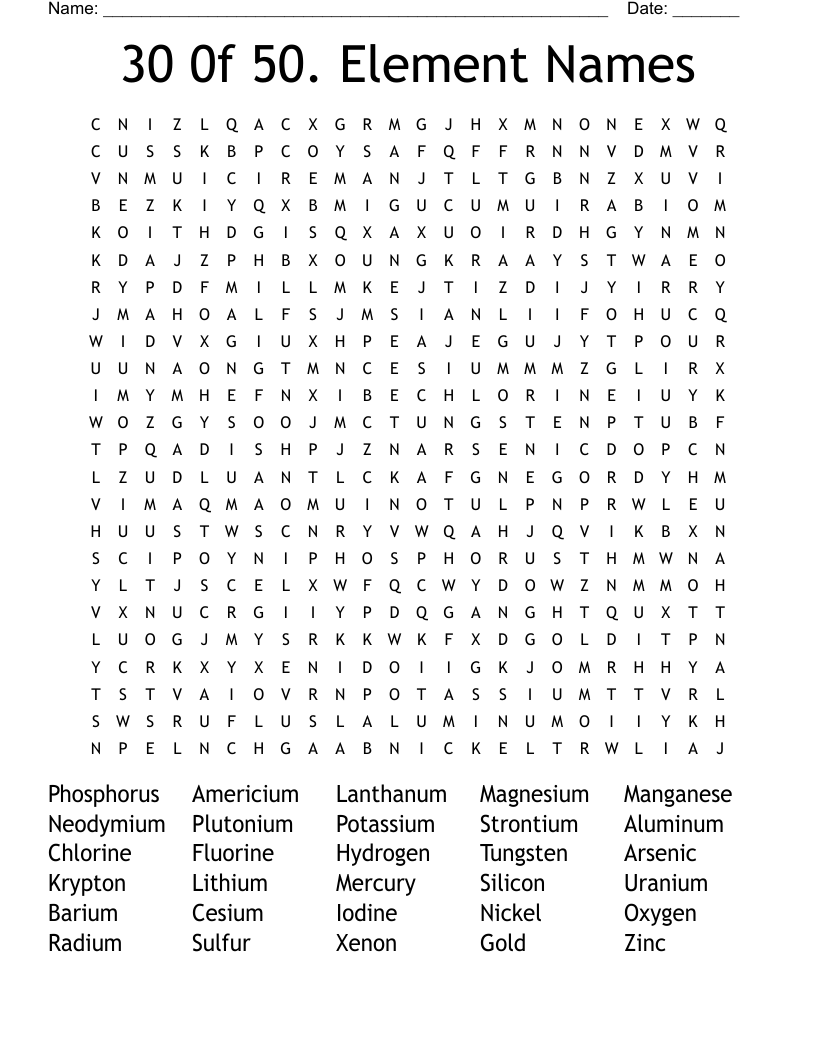 30 0f 50. Element Names Word Search