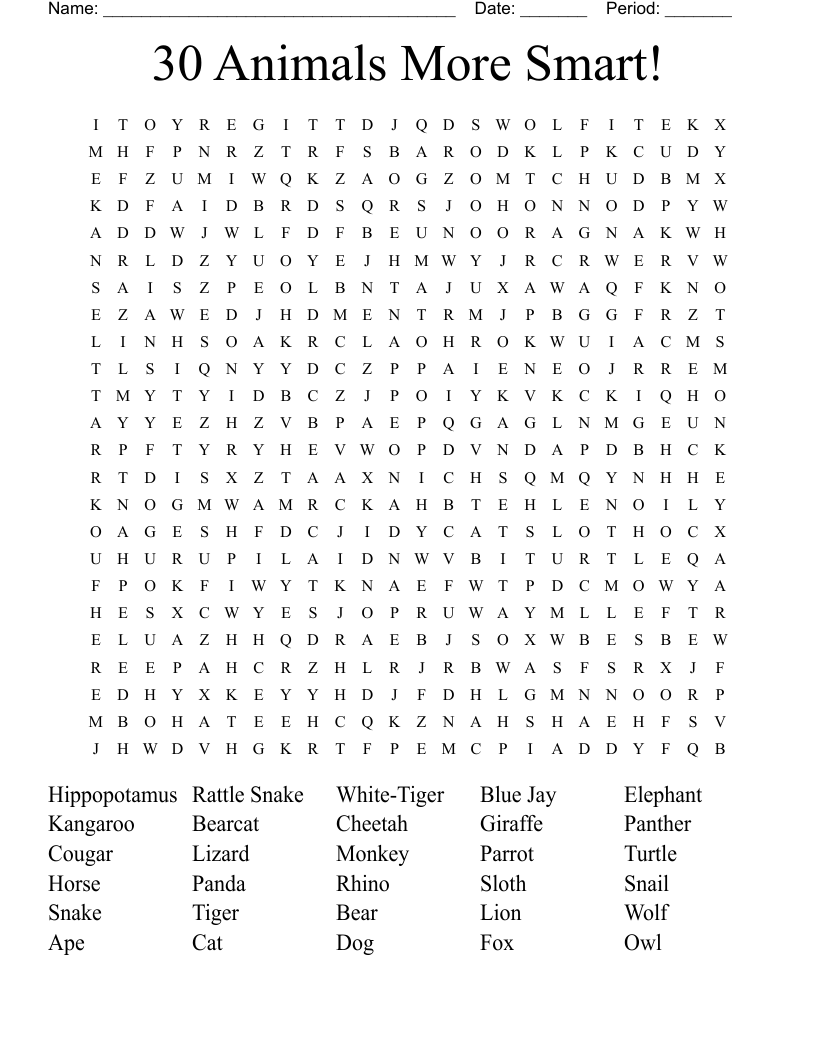 30 Animals More Smart! Word Search
