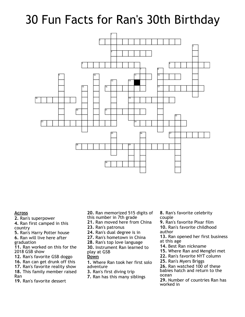 30 Fun Facts for Ran's 30th Birthday Crossword
