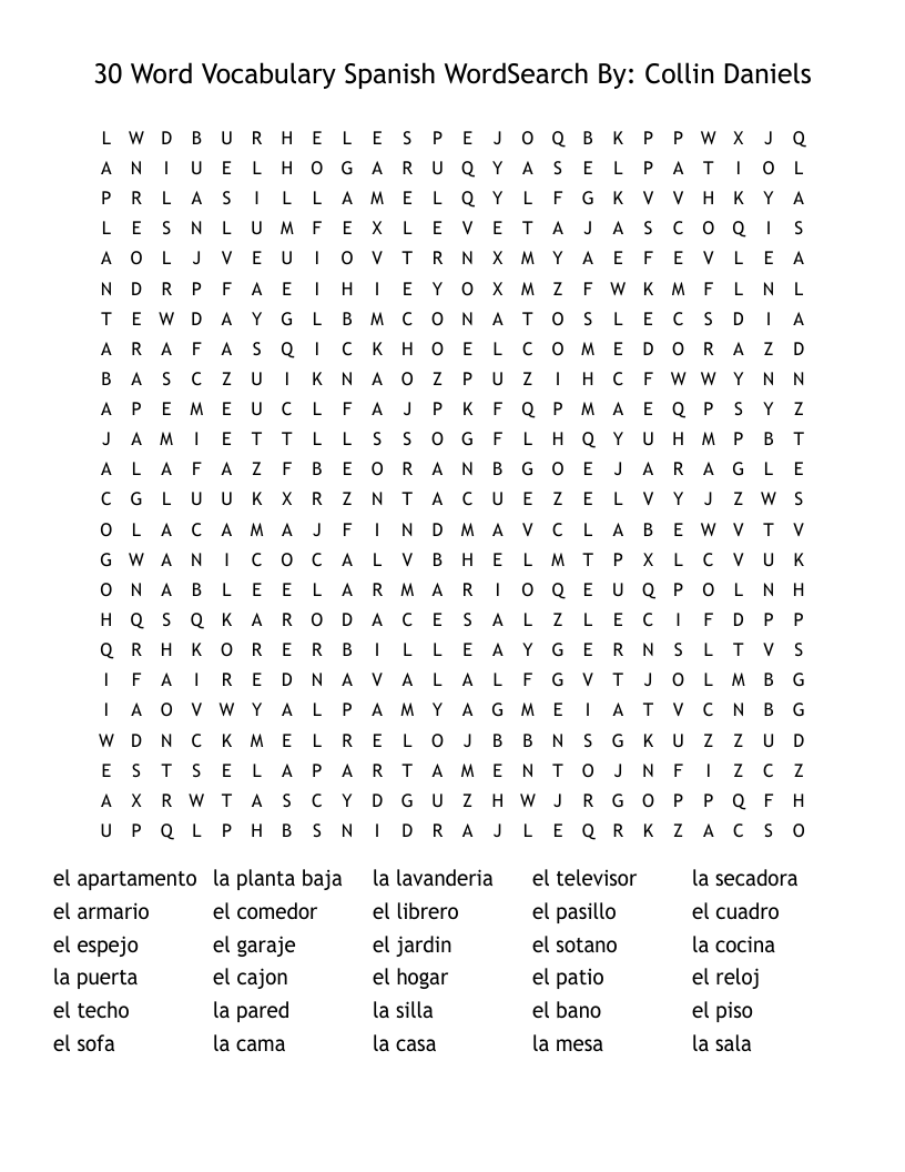 30 Word Vocabulary Spanish WordSearch By: Collin Daniels