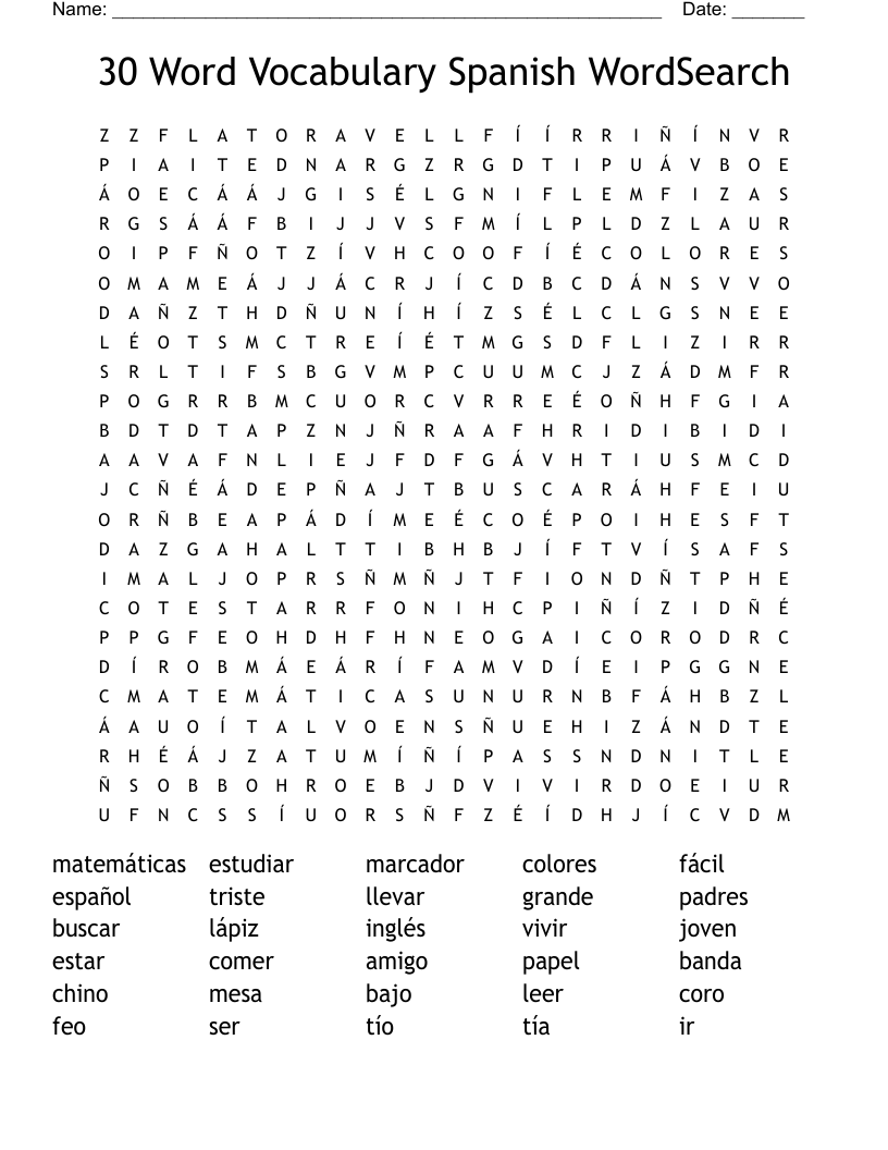 30 Word Vocabulary Spanish WordSearch 