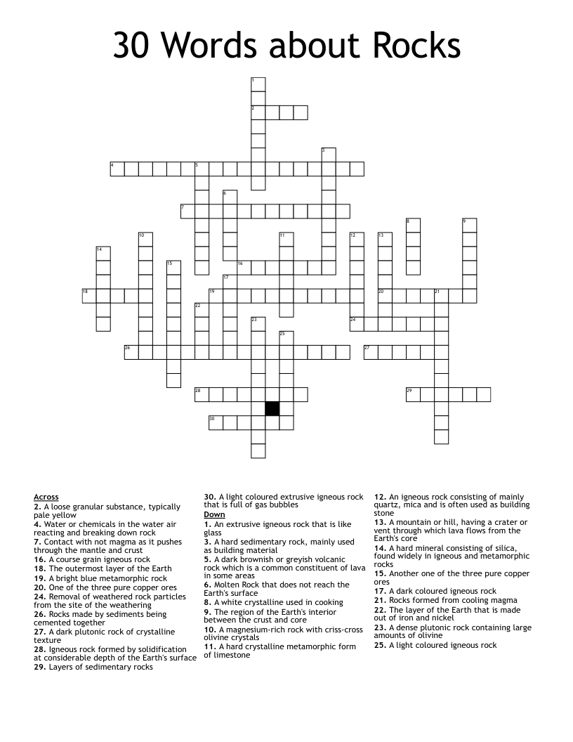 30 Words about Rocks Crossword