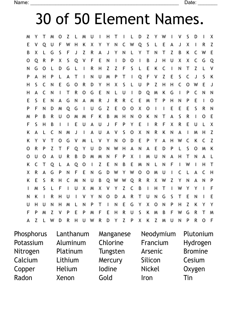 30 of 50 Element Names. Word Search