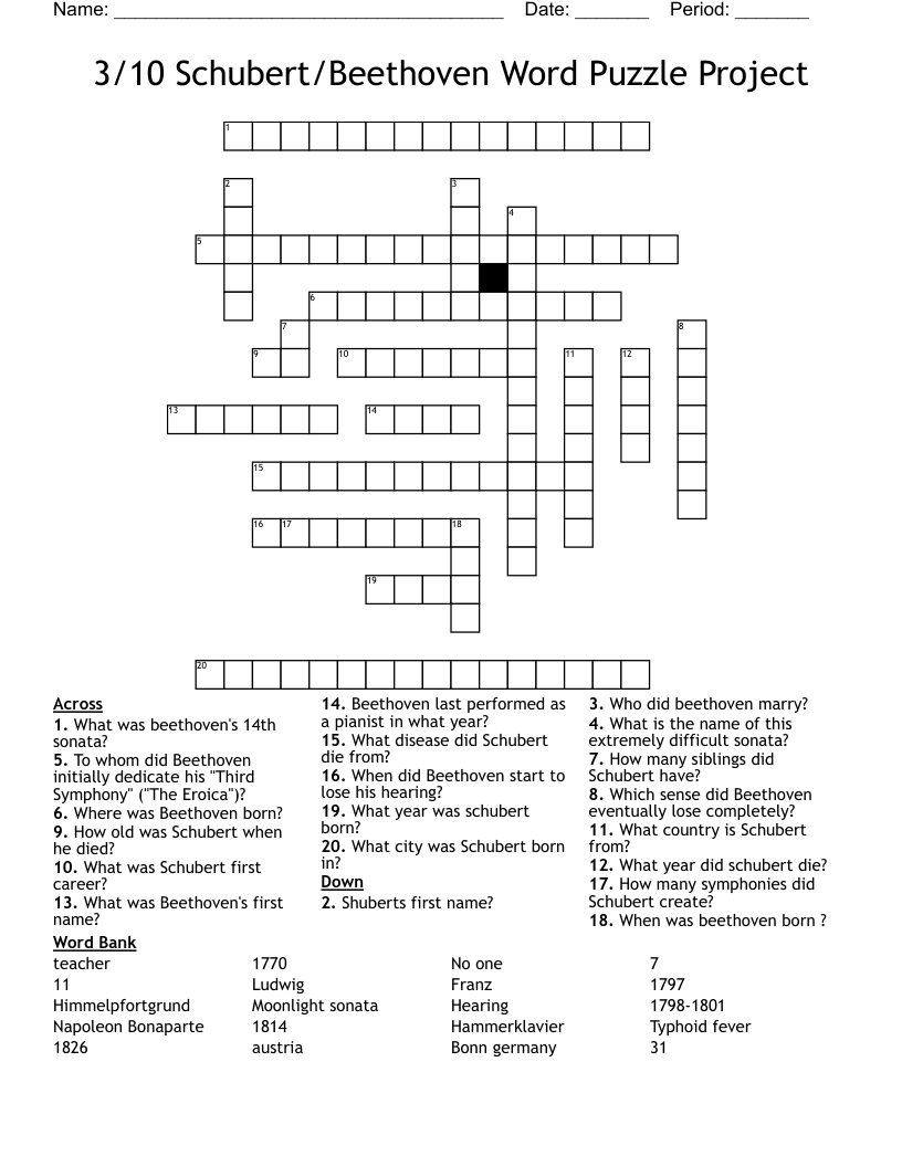 3/10 Schubert/Beethoven Word Puzzle Project Crossword
