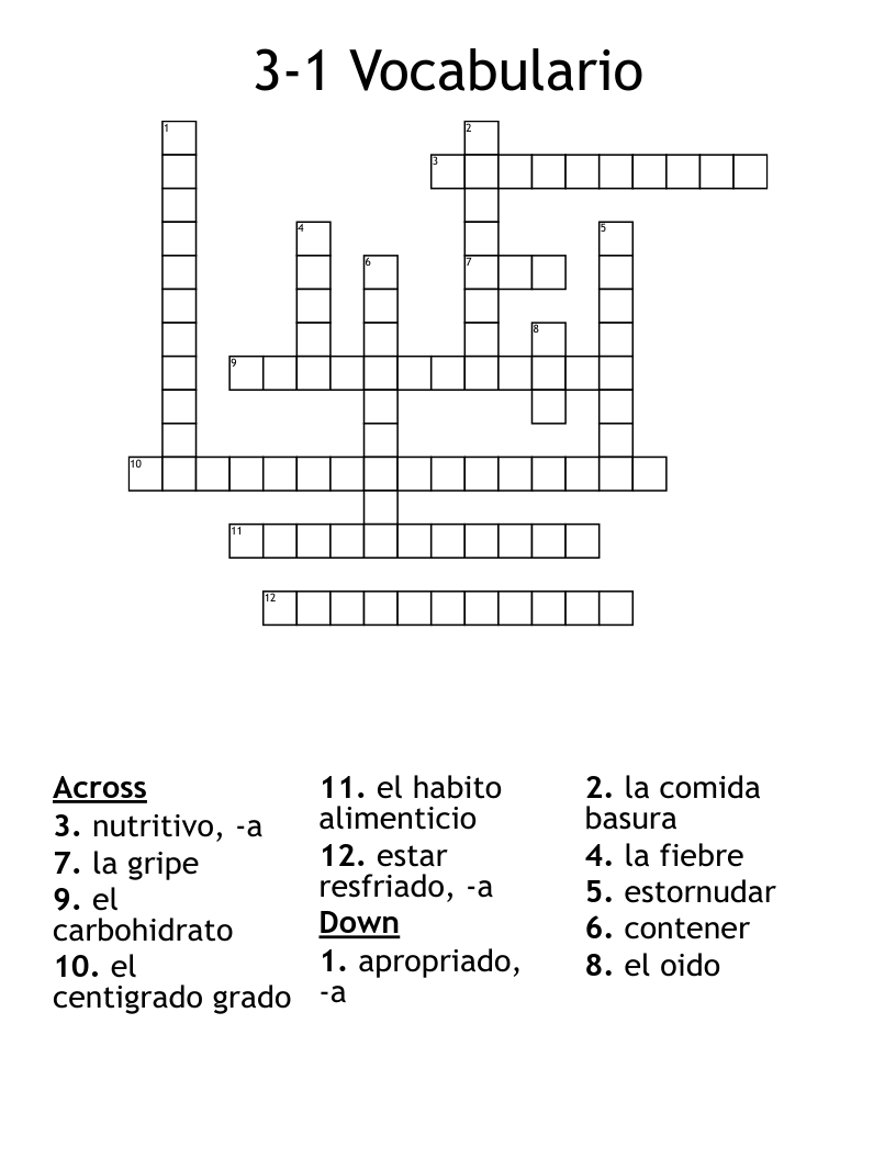 3-1 Vocabulario Crossword