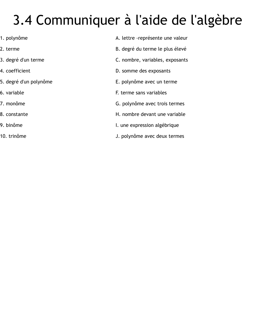 3.4 Communiquer à l'aide de l'algèbre Worksheet