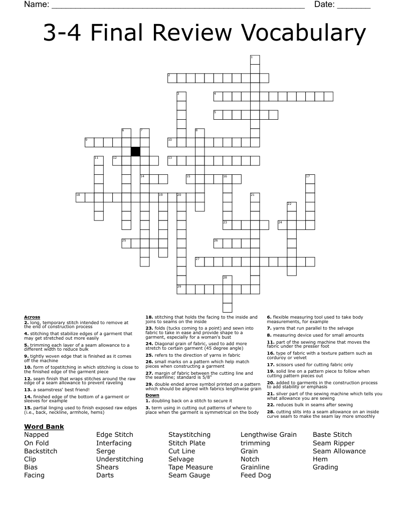 3-4 Final Review Vocabulary Crossword