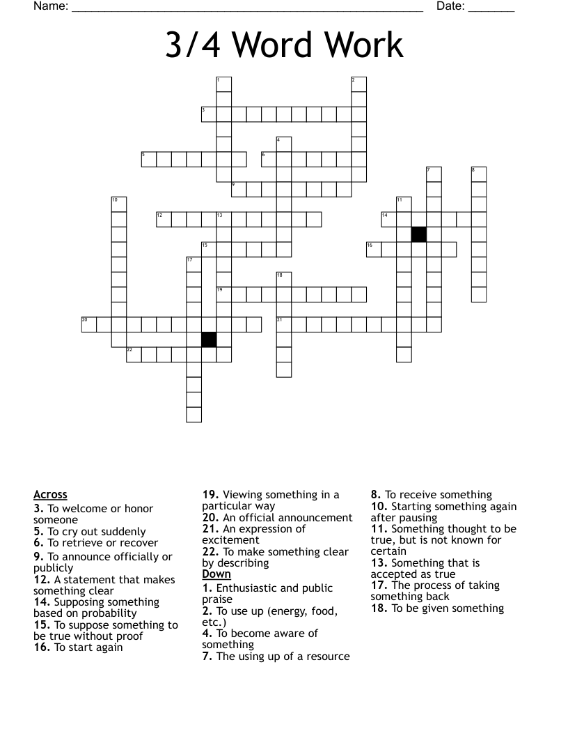 3/4 Word Work Crossword