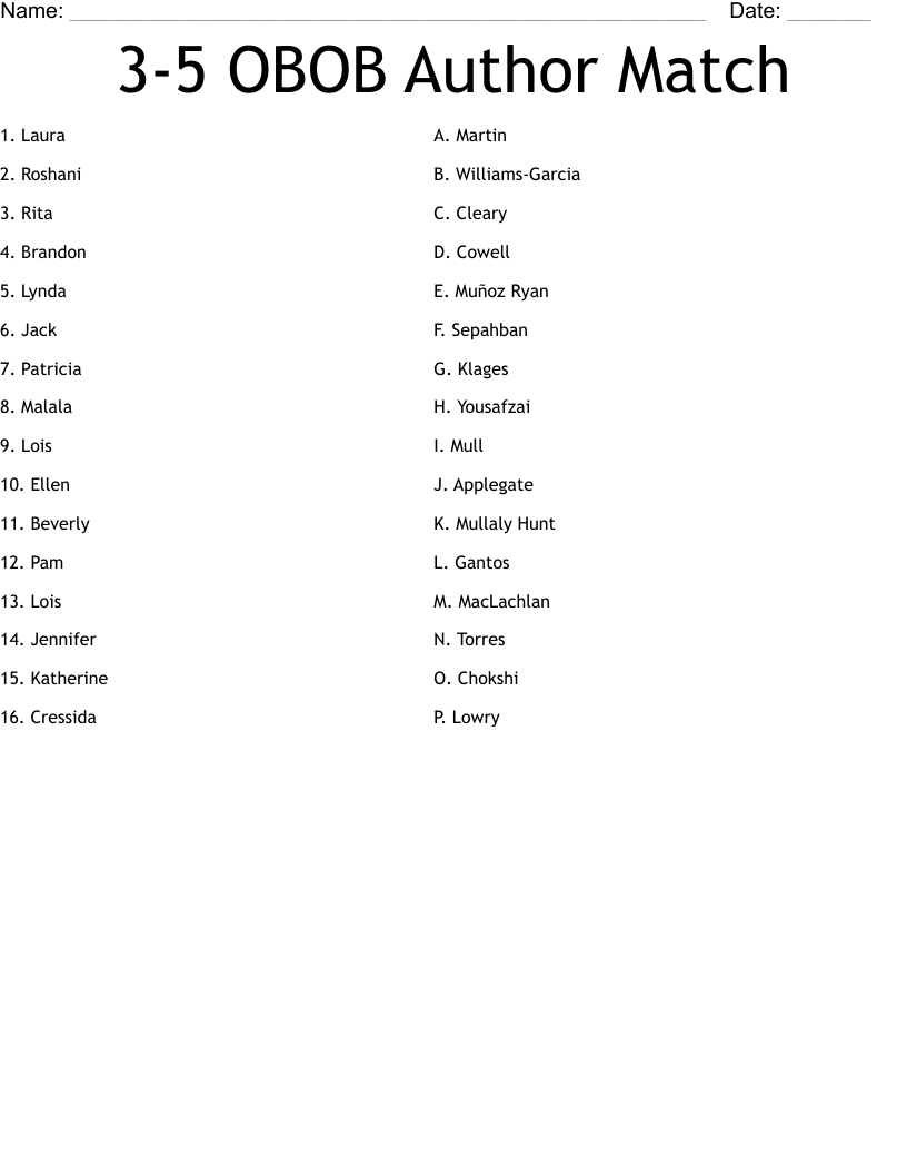 3-5 OBOB Author Match Worksheet