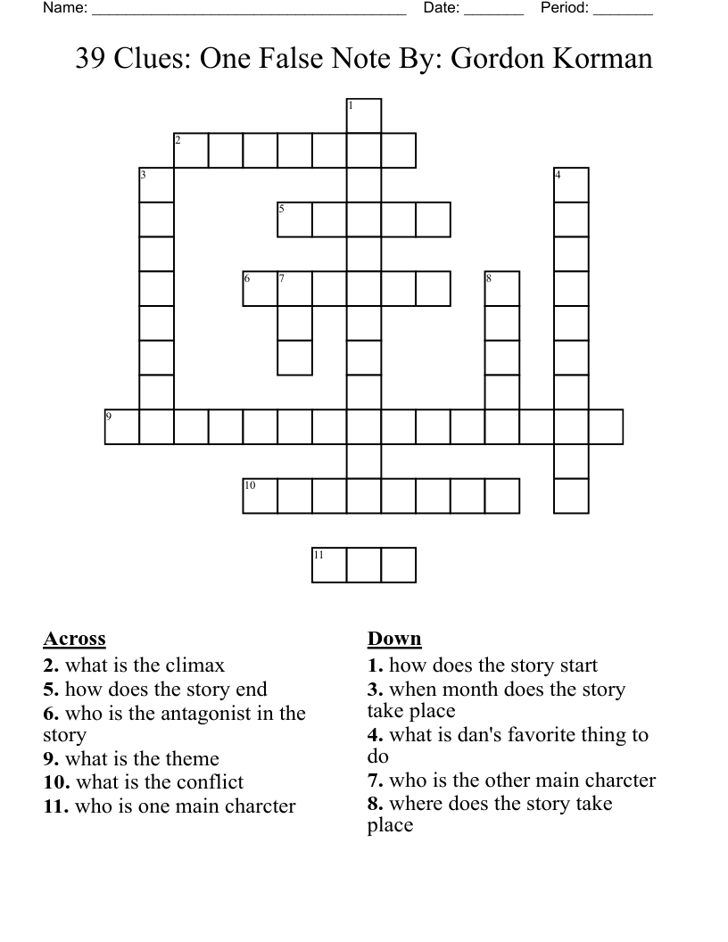 39 Clues: One False Note By: Gordon Korman Crossword