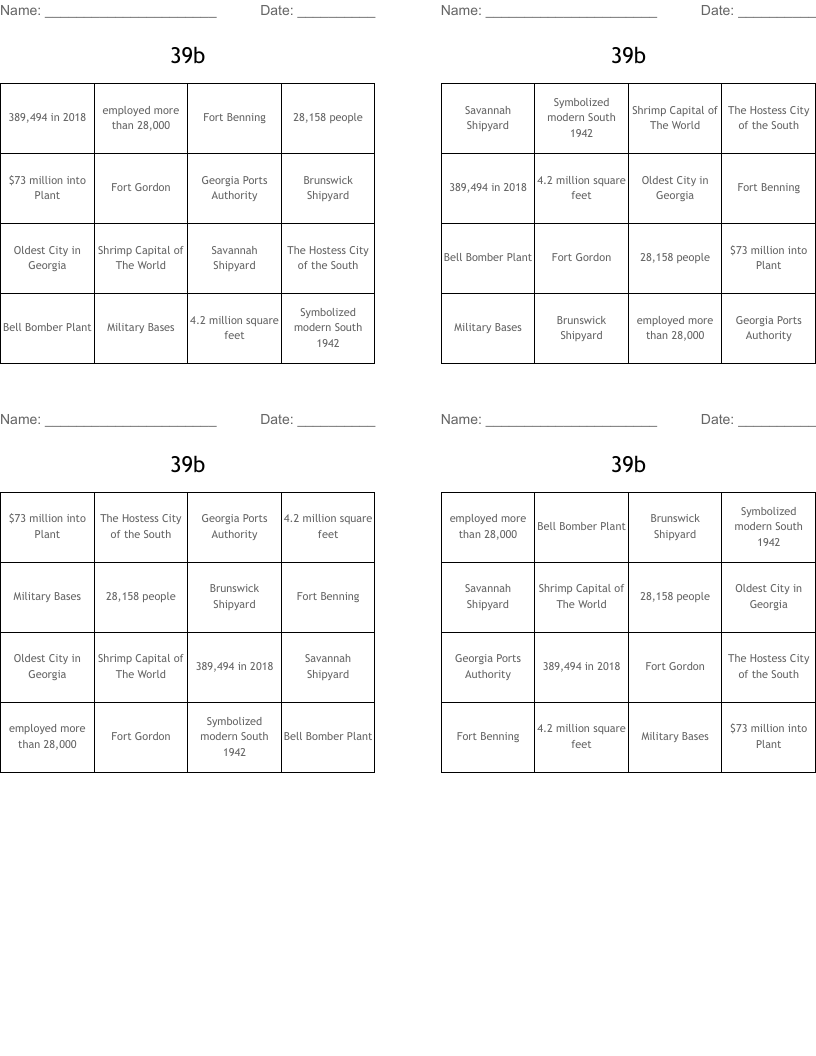 39b Bingo Cards