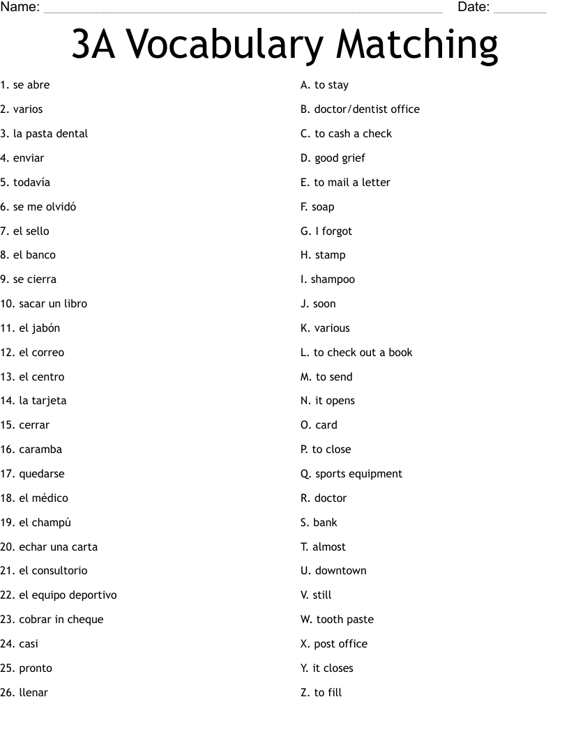 3A Vocabulary Matching Worksheet