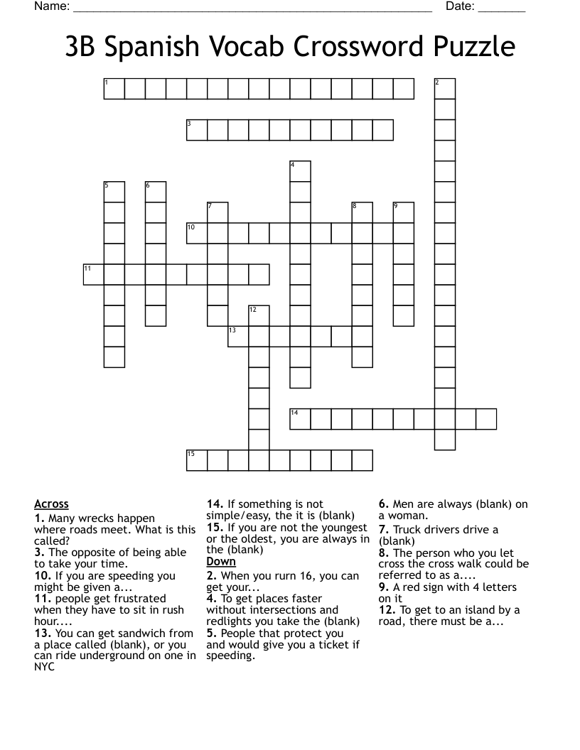 3B Spanish Vocab Crossword Puzzle 