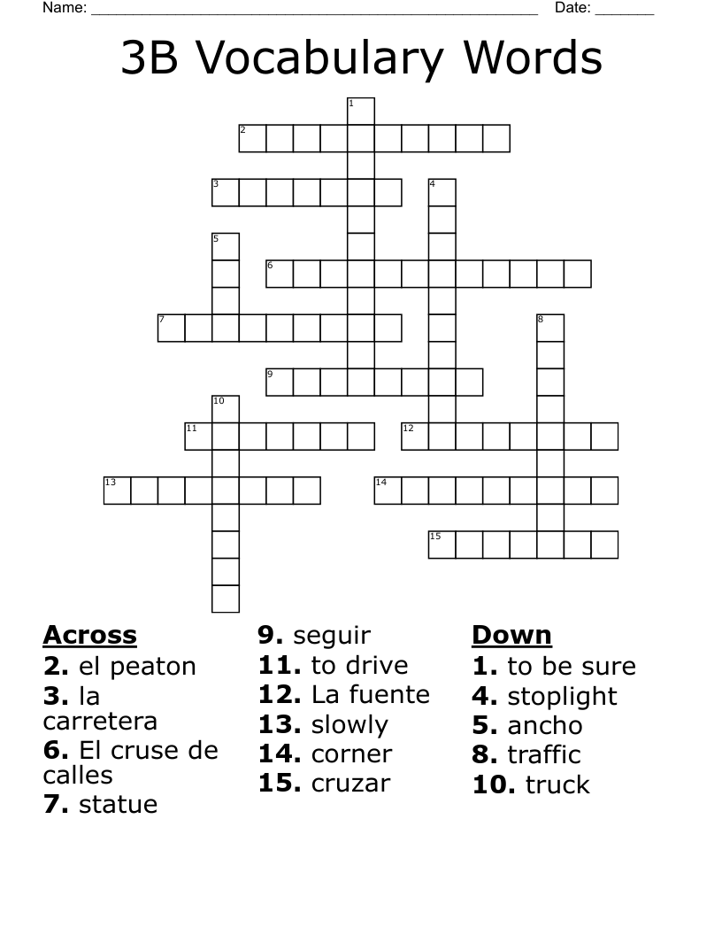3B Vocabulary Words Crossword