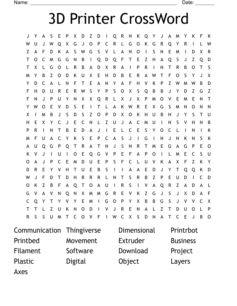 3D Printer CrossWord Word Search