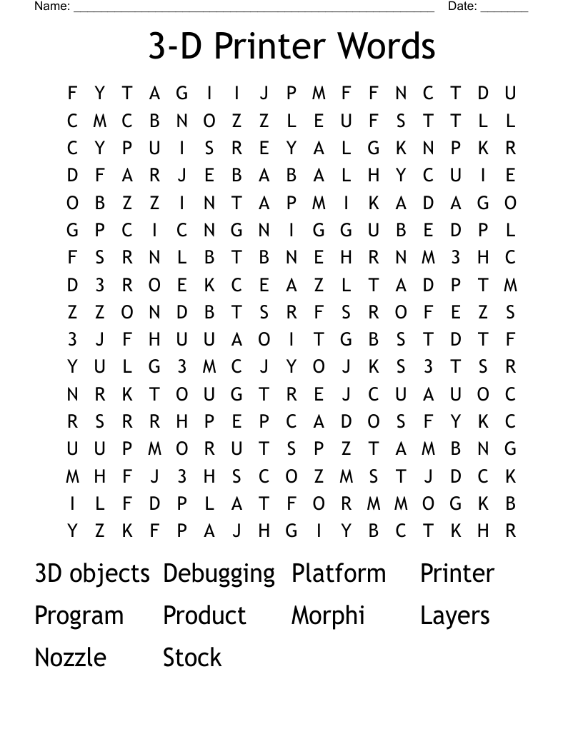 3-D Printer Words Word Search