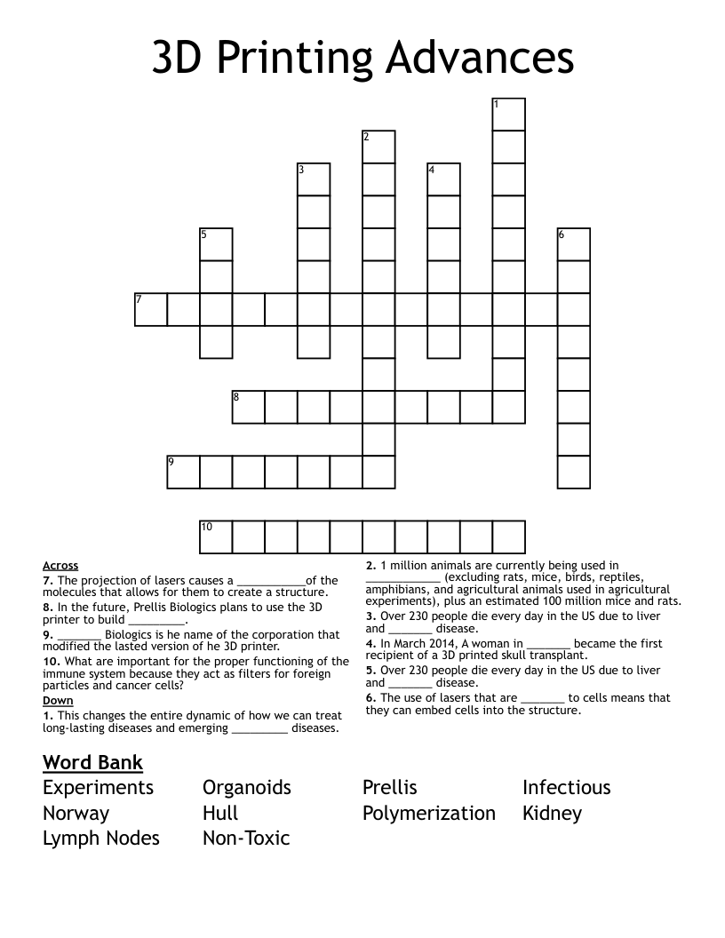 3D Printing Advances Crossword
