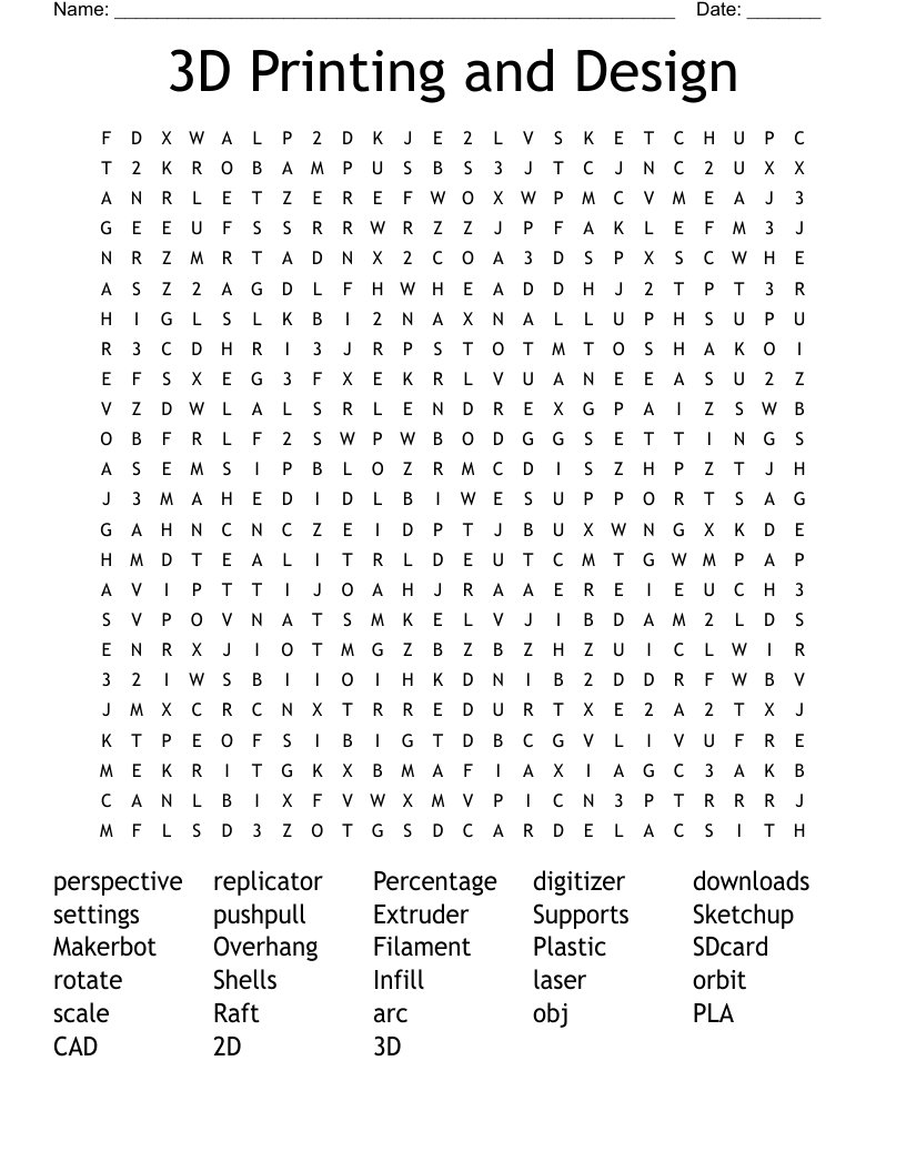 3D Printing and Design Word Search
