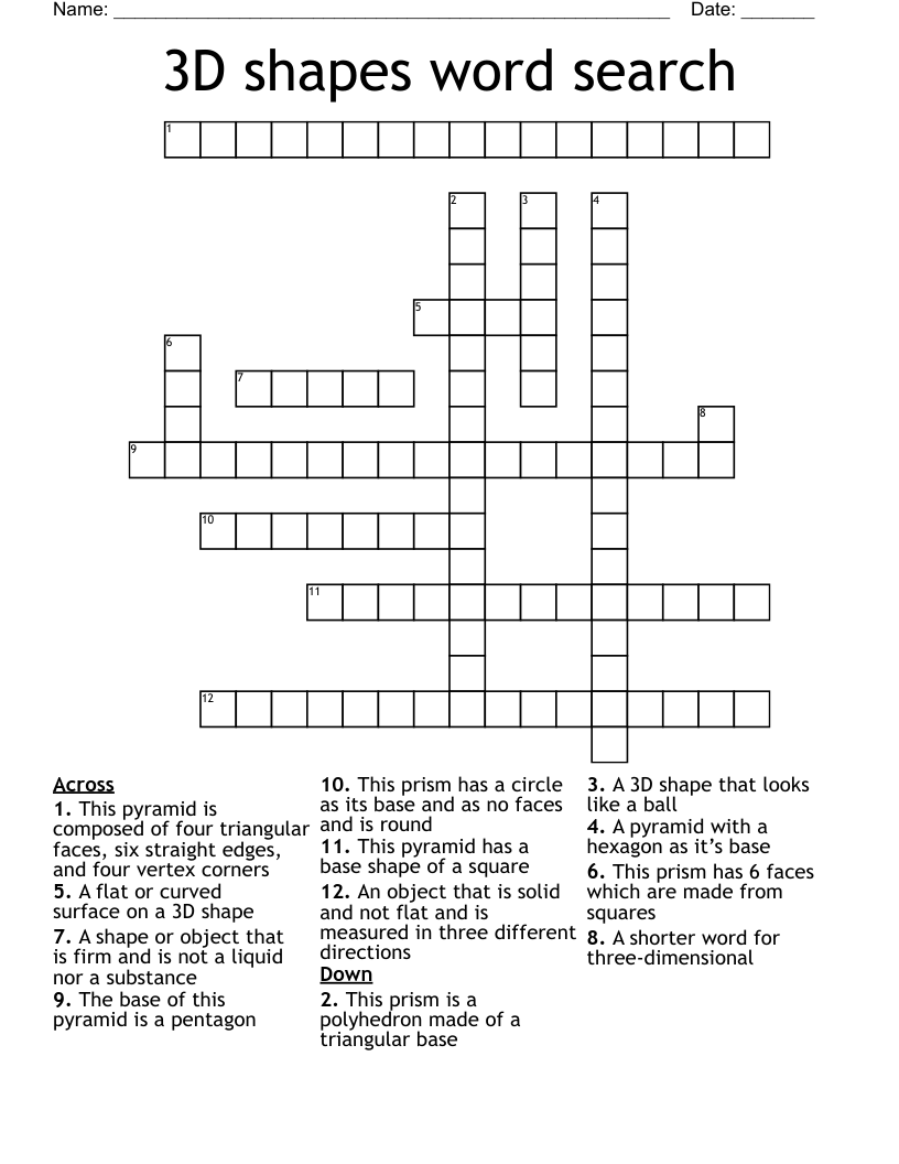 3D shapes word search  Crossword